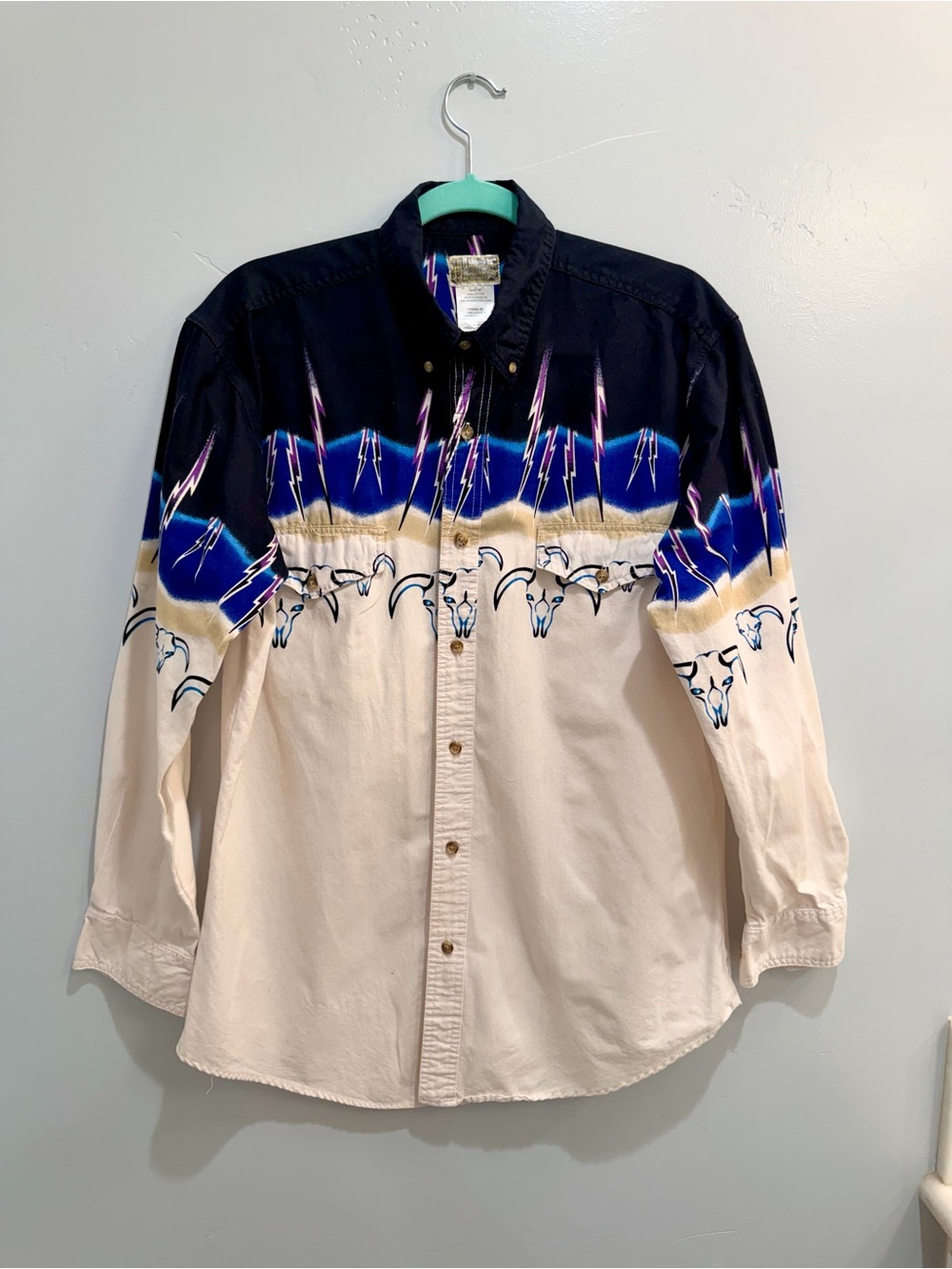 Express Rider Vintage 90s Western Button Up Shirt Bull Skull Lightning Men’s M